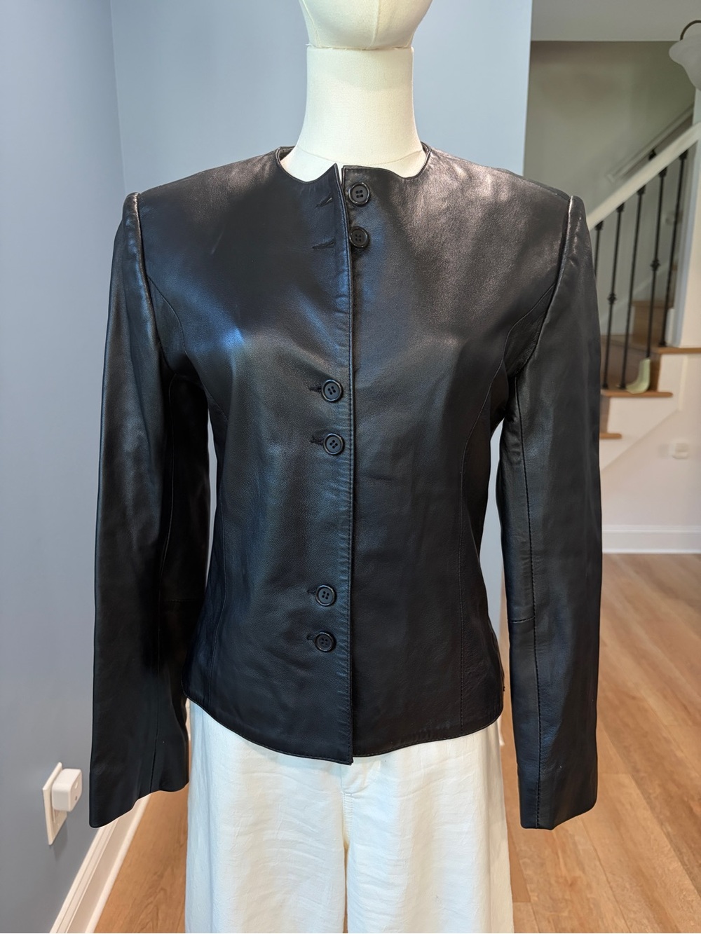 Vintage Impero Black Leather Collarless Button Front Jacket Wool Blend Medium